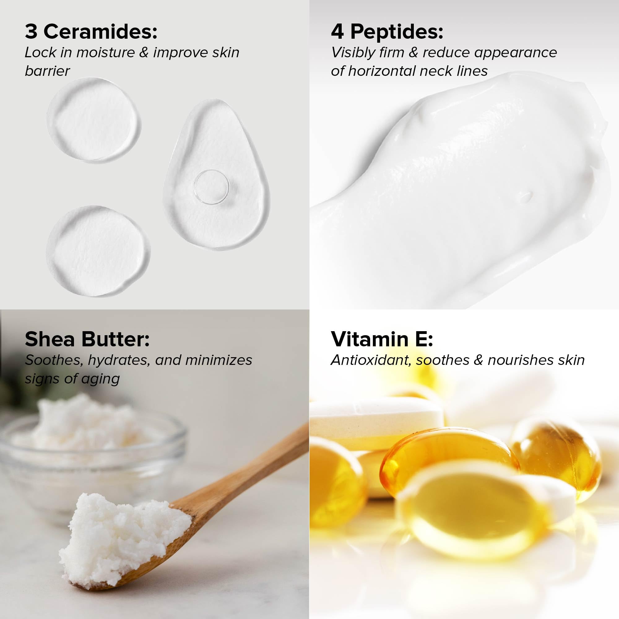 DRMTLGY ingredients panel shows Vitamin E, Shea Butter, Ceramides for moisture