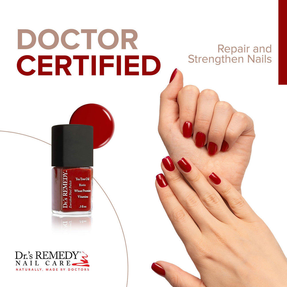 Dr.'s Remedy Rescue Red brush applies smooth coat for quick-dry, high-shine nails.