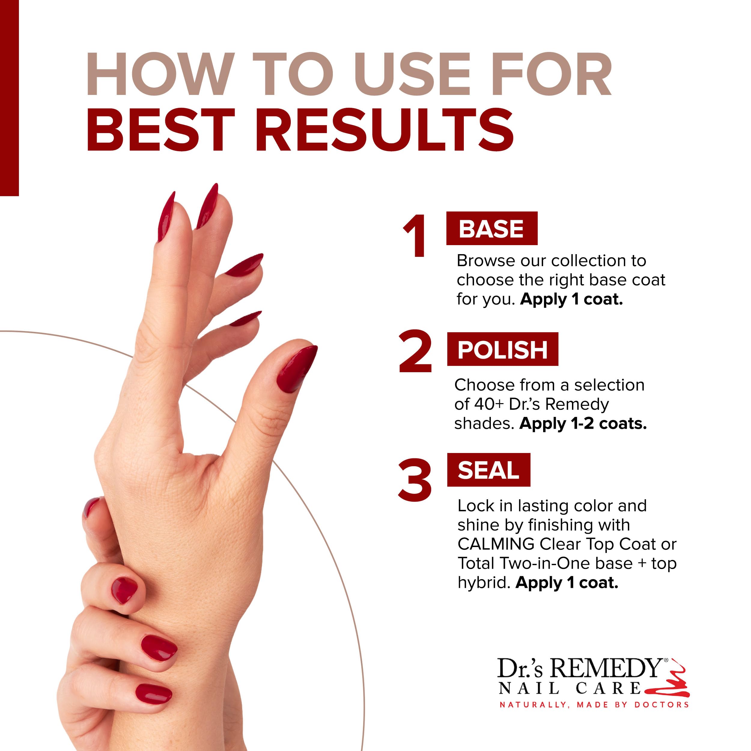 Dr.'s Remedy Rescue Red label notes 40+ shades and botanical actives for healthier-looking nails.