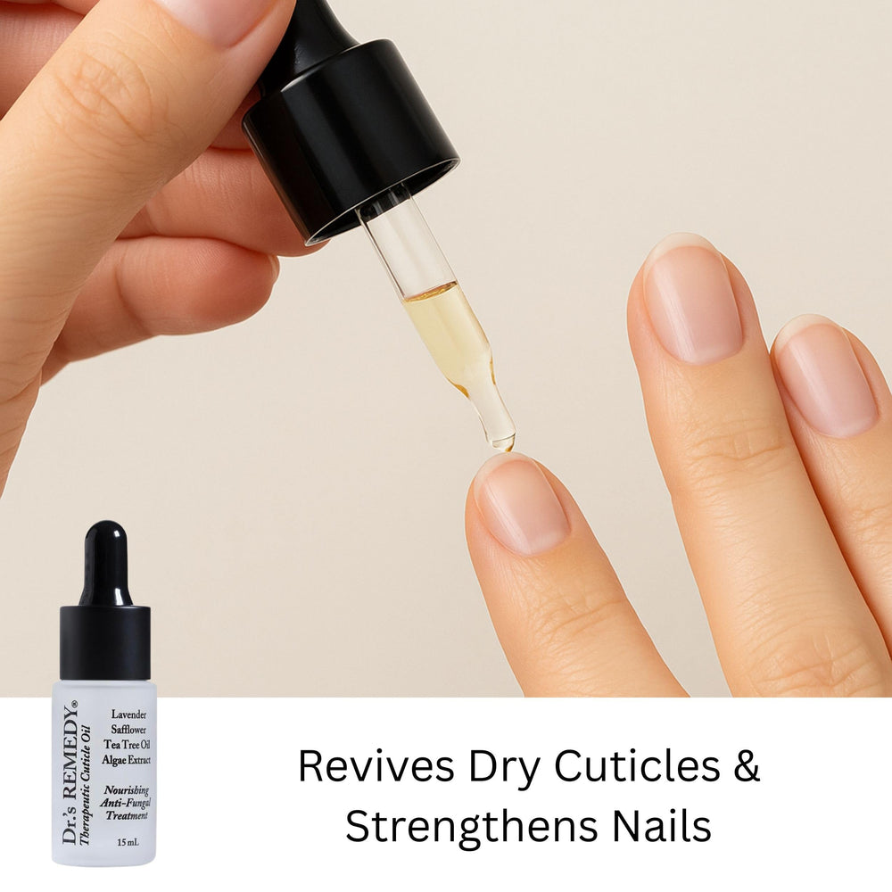 Dr.'s Remedy Restorative Remedy Trio nail set depicts an easy at-home nail care routine.