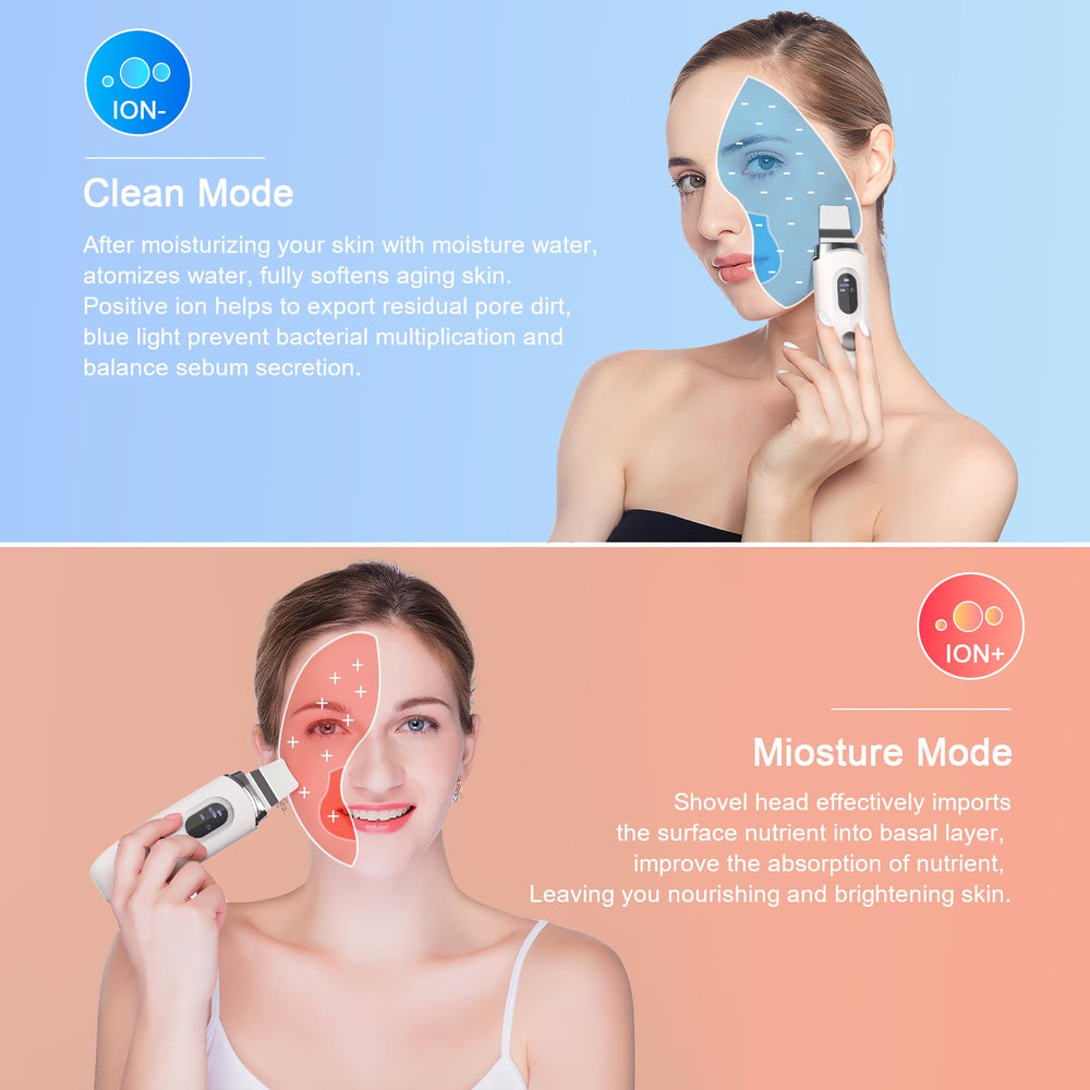 Drulana Skin Scrubber LCD display shows mode and battery status during use.