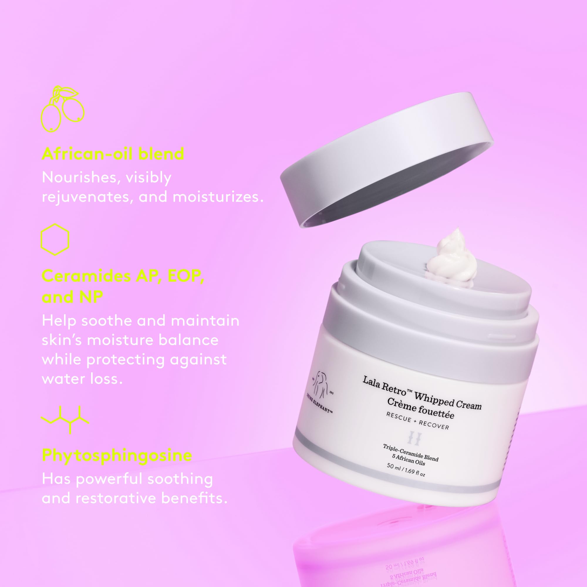 Drunk Elephant african-oil-blend-lala-retro close-up shows nourishing, multitasking moisturization.