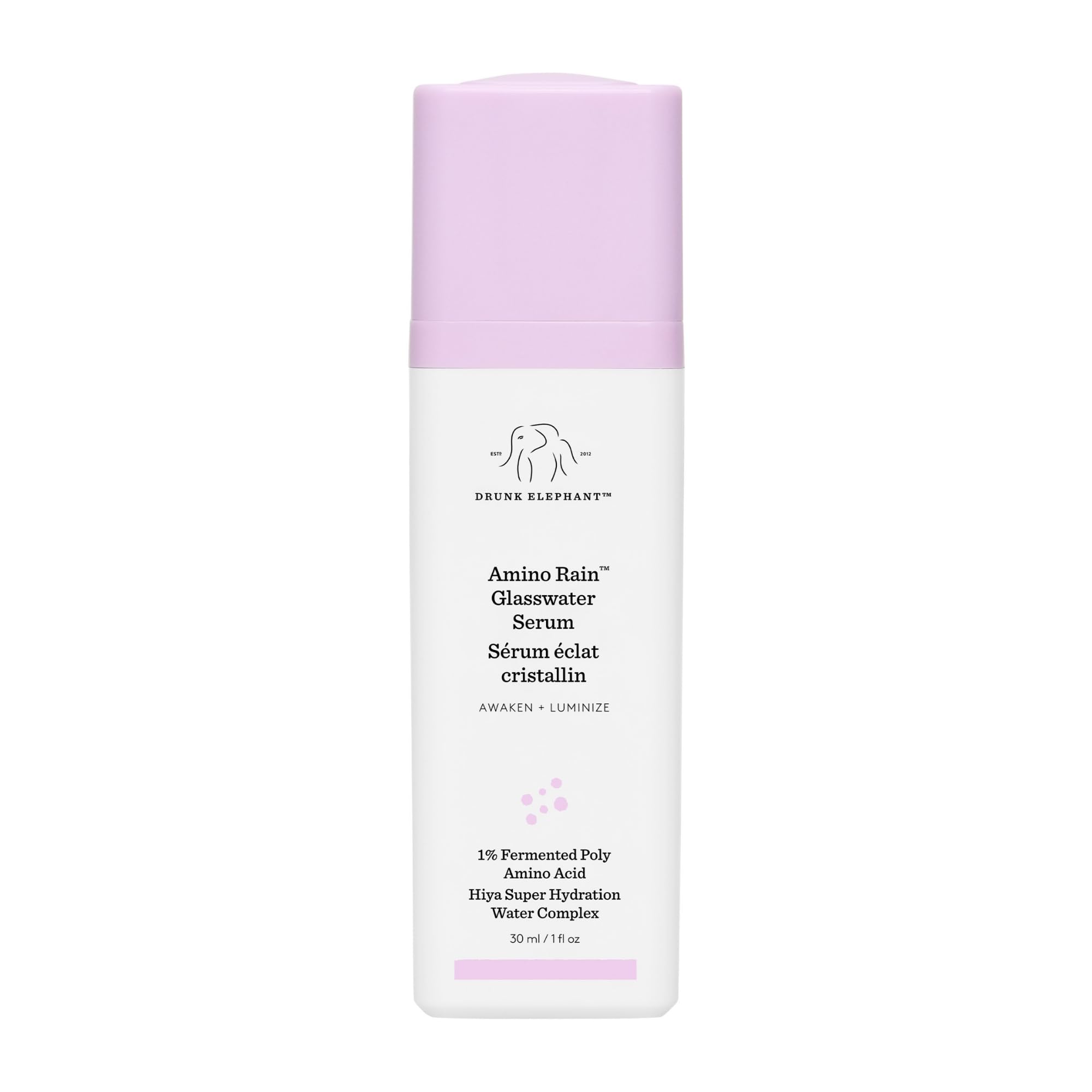 Drunk Elephant Amino Rain glasswater serum bottle delivering premium hydration for radiant skin.