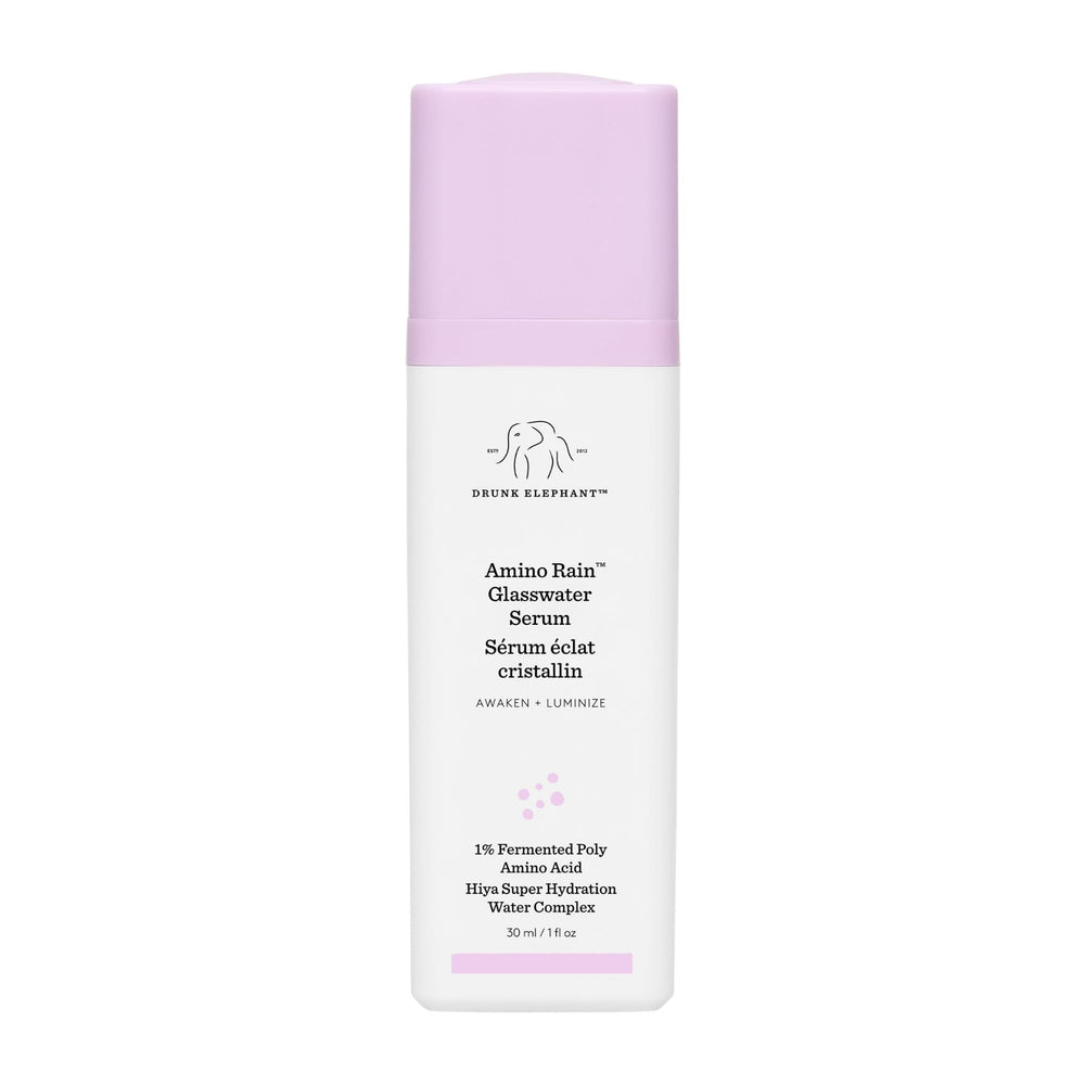 Drunk Elephant Amino Rain glasswater serum bottle delivering premium hydration for radiant skin.