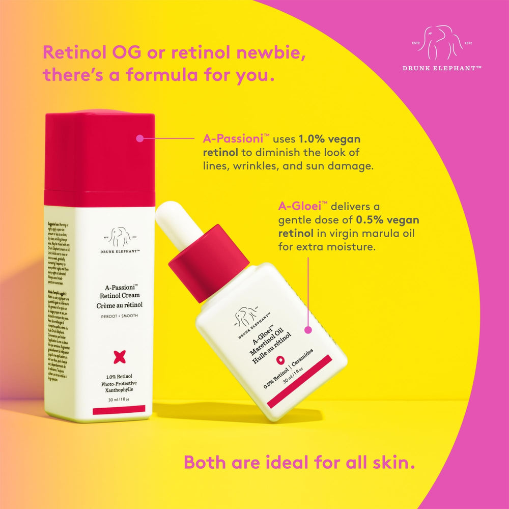 Drunk Elephant A-Passioni packaging box shot emphasizes cruelty-free, fragrance-free skincare ethos.