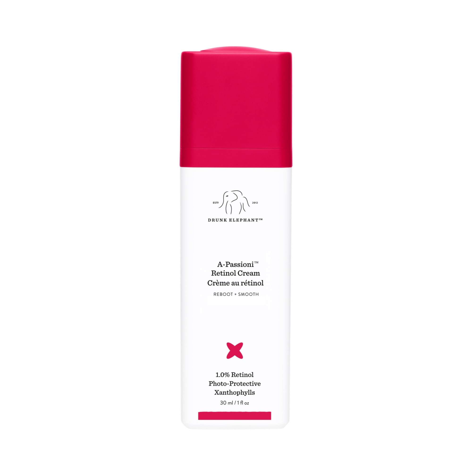 Drunk Elephant A-Passioni retinol cream bottle close-up showing potent formula for smoother texture.