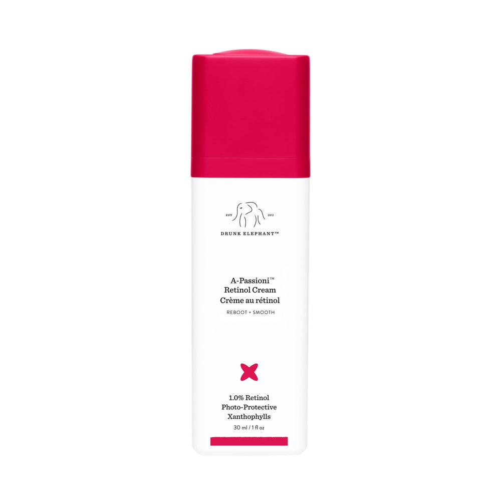Drunk Elephant A-Passioni retinol cream bottle close-up showing potent formula for smoother texture.