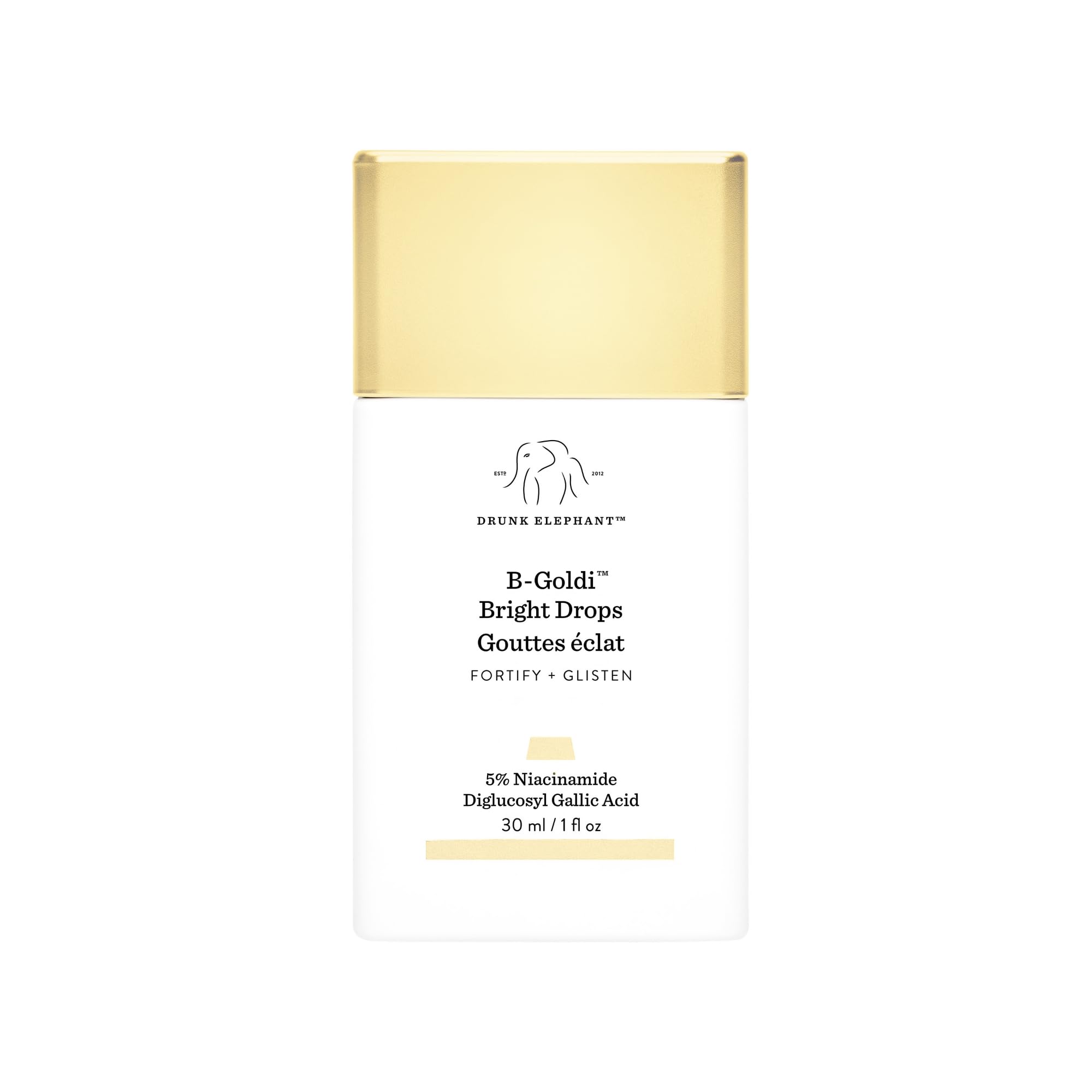 Drunk Elephant B-Goldi Bright Drops bottle pours a subtle golden glow for radiant skin