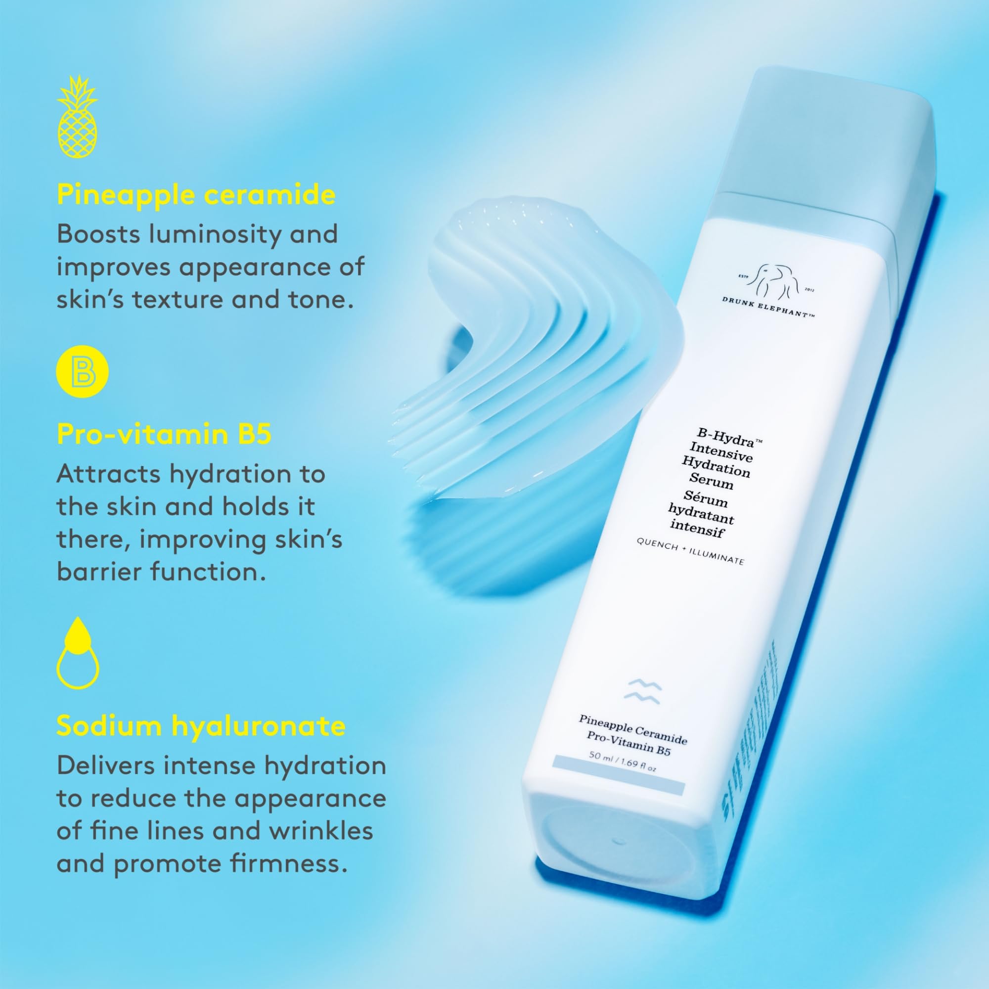 Drunk Elephant B-Hydra shown mixing with other serums for layering hydration.