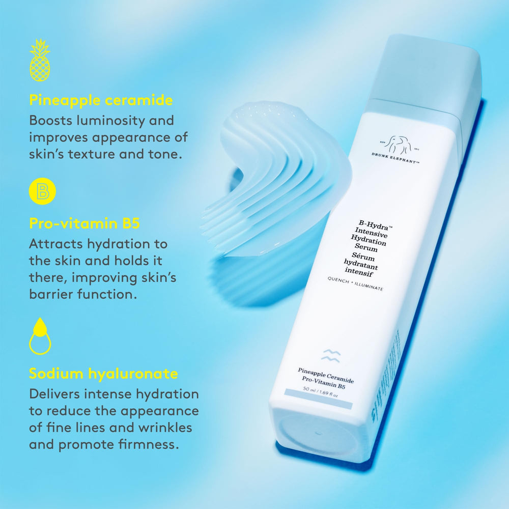 Drunk Elephant B-Hydra shown mixing with other serums for layering hydration.