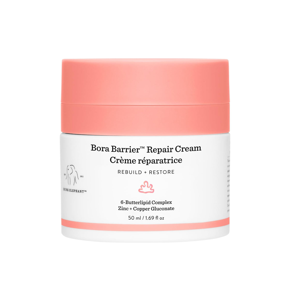 Drunk Elephant Bora Barrier Repair Cream jar front highlights ultra-rich hydration for dry skin support.
