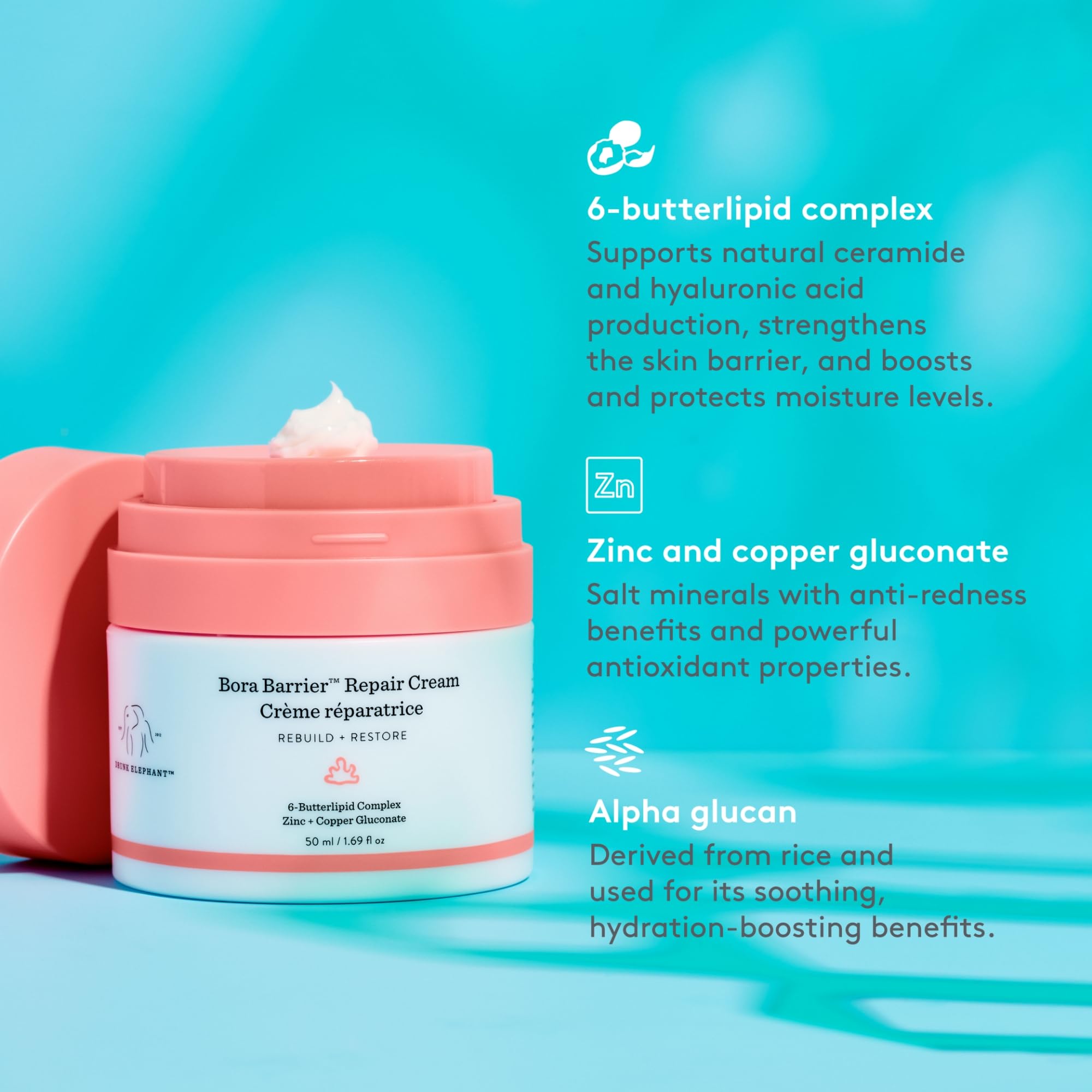 Drunk Elephant Bora Barrier Repair Cream packaging on counter communicates cruelty-free, dermatologist-tested credentials.