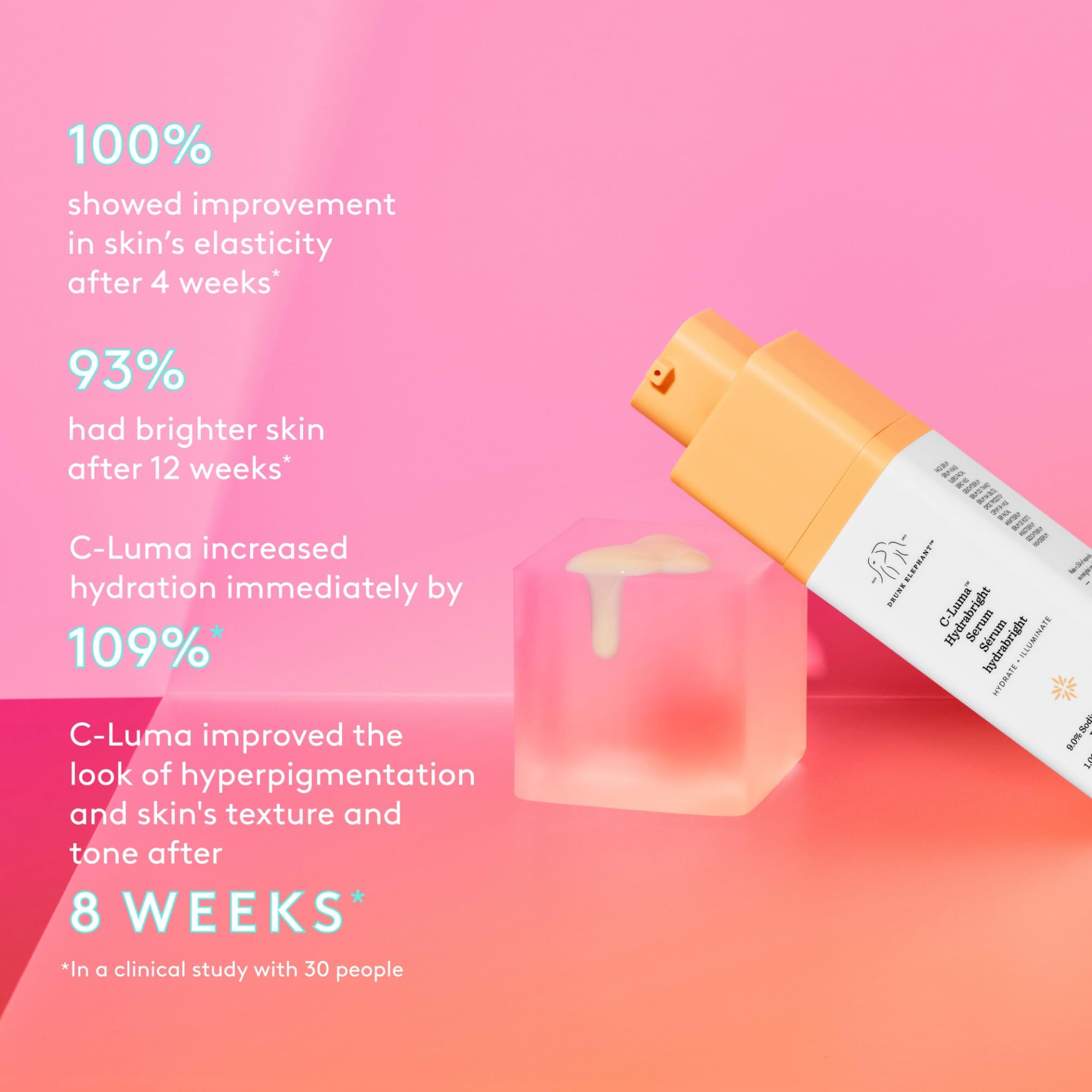 Application shot of Drunk Elephant C-Luma Serum on skin for glow.