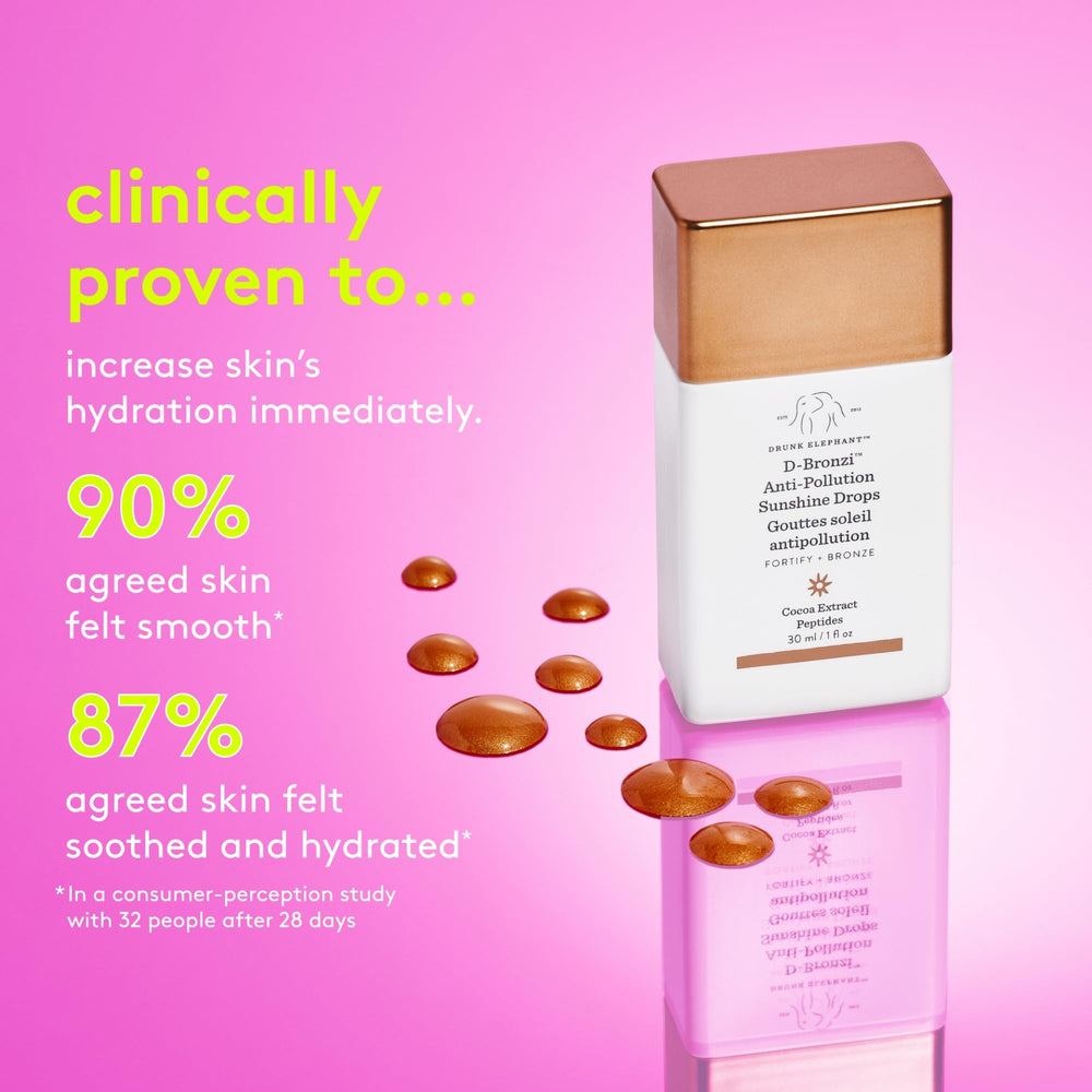 Drunk Elephant D-Bronzi Sunshine Drops glow close-up demonstrates non-oily finish.