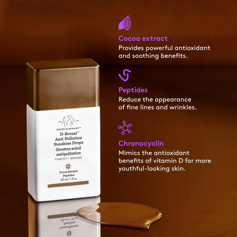 Drunk Elephant D-Bronzi Sunshine Drops packaging emphasizes clean formula.