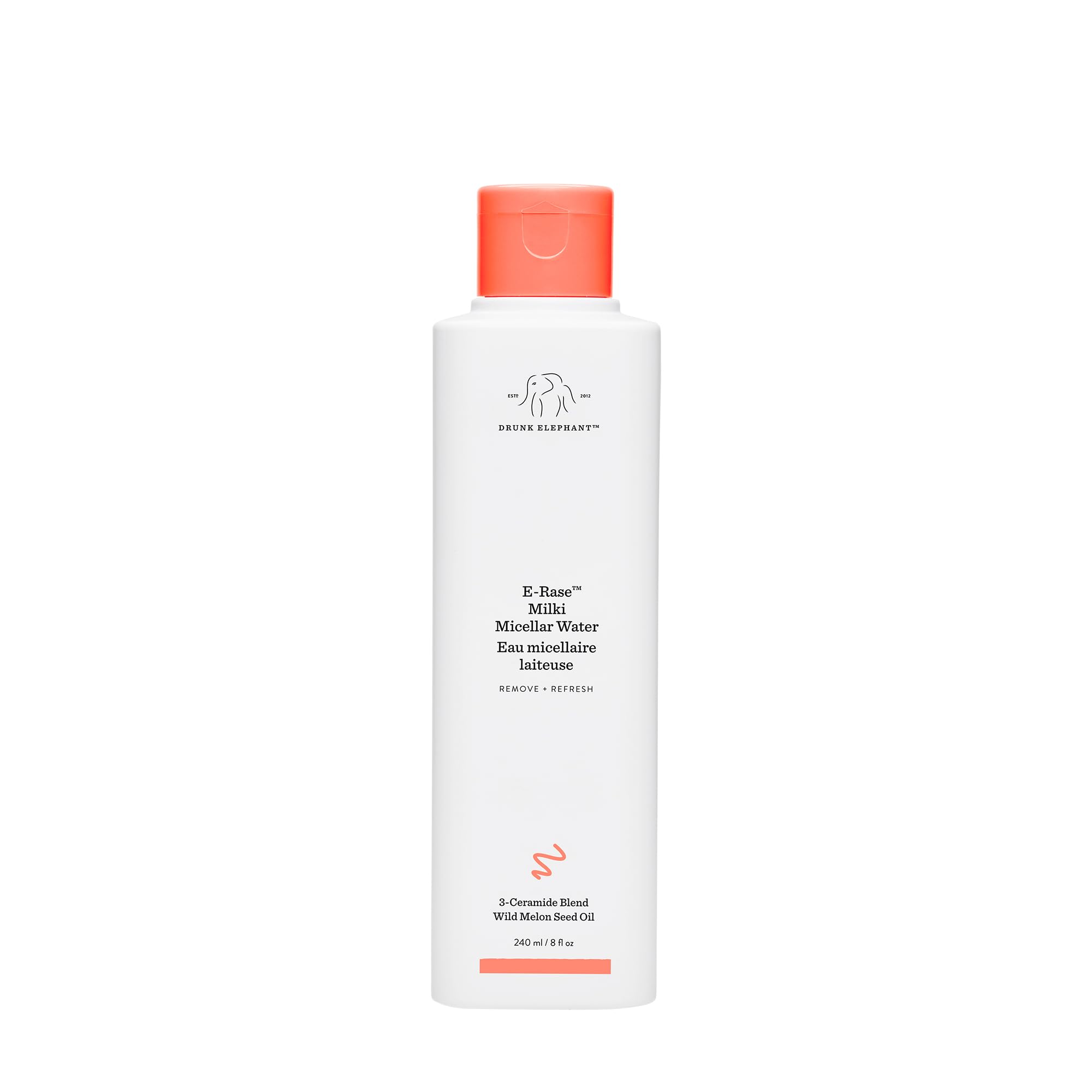 Drunk Elephant E-Rase Milki Micellar Water bottle for gentle makeup removal.