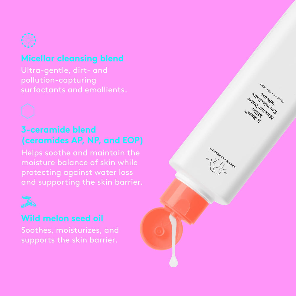 Drunk Elephant E-Rase Milki Micellar Water removing makeup on face with cotton pad.