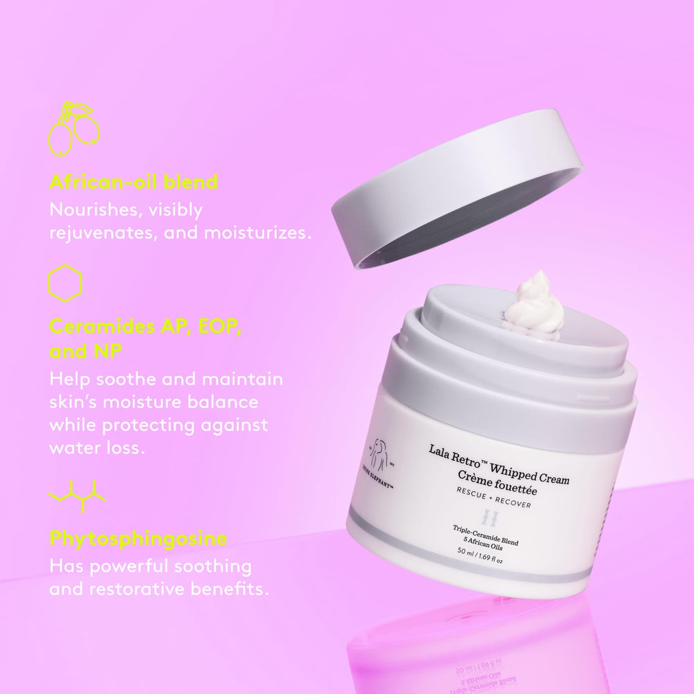 Drunk Elephant Lala Retro packaging opened reveals rich sensory cream scent.