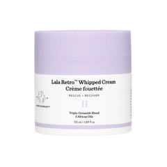 Drunk Elephant Lala Retro whipped cream jar close-up shows cushiony moisture for daily hydration.