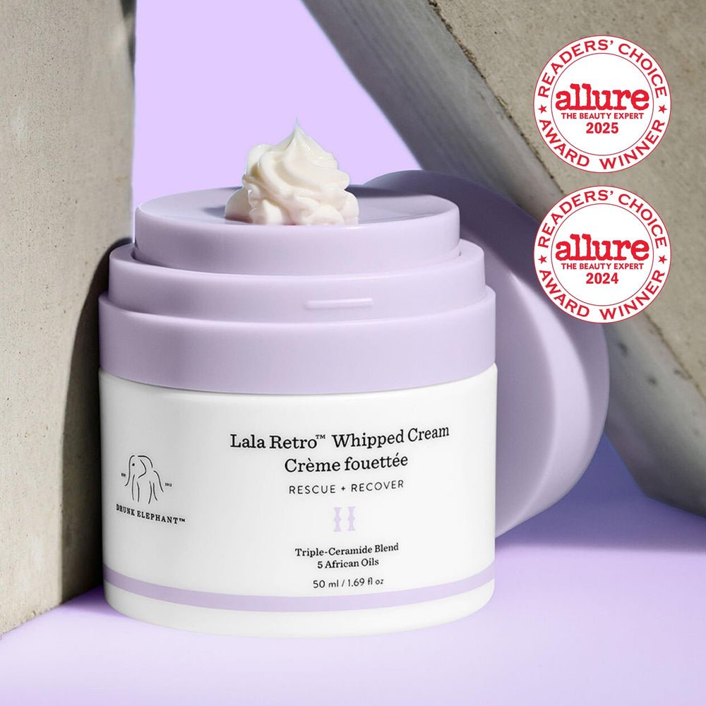Drunk Elephant Lala Retro Whipped Cream texture scoop highlights airy consistency.