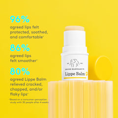 Close-up of Lippe Balm texture on lips shows rich, comforting glide.