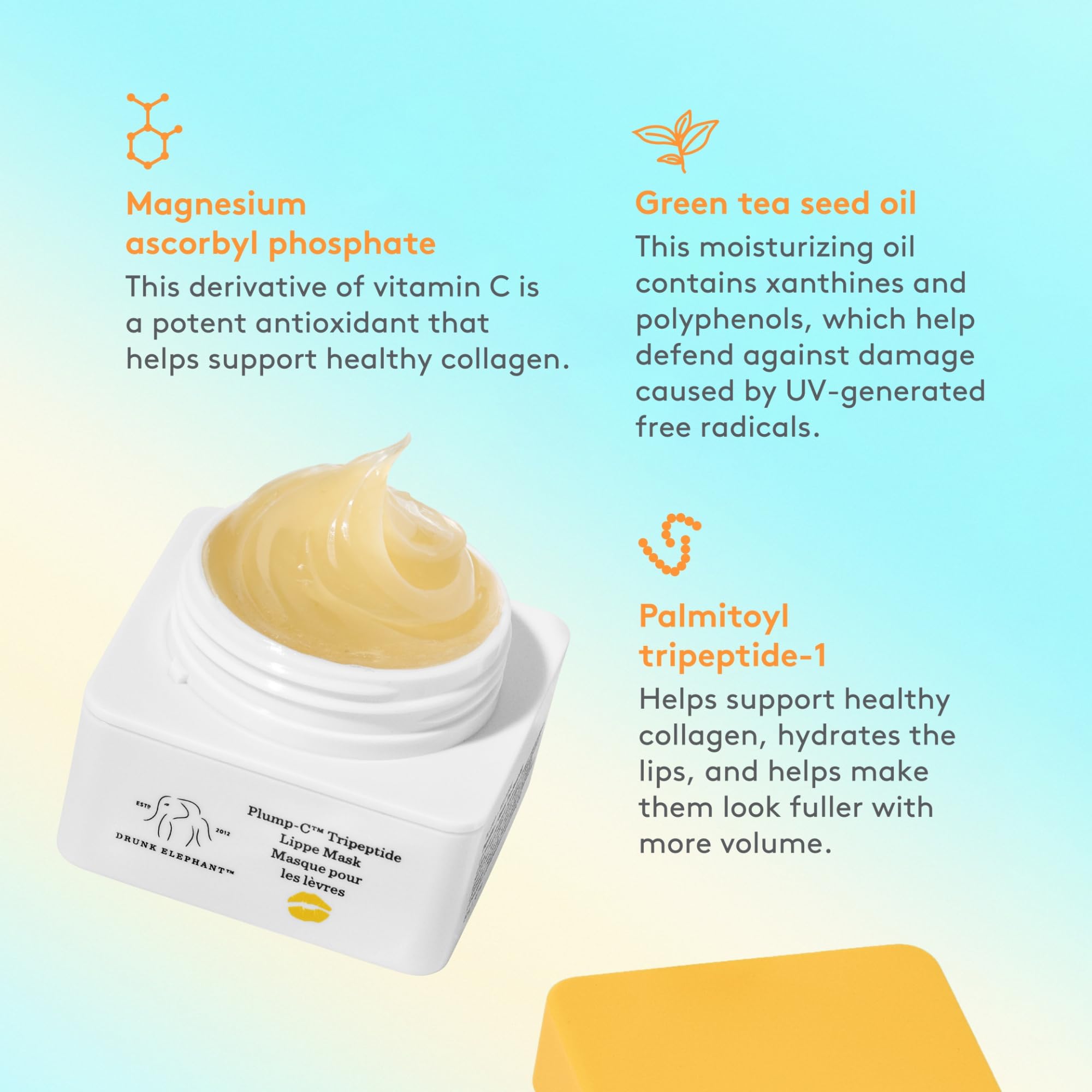 Ingredients panel of Drunk Elephant Lippe Mask features peptides and Vitamin C derivative