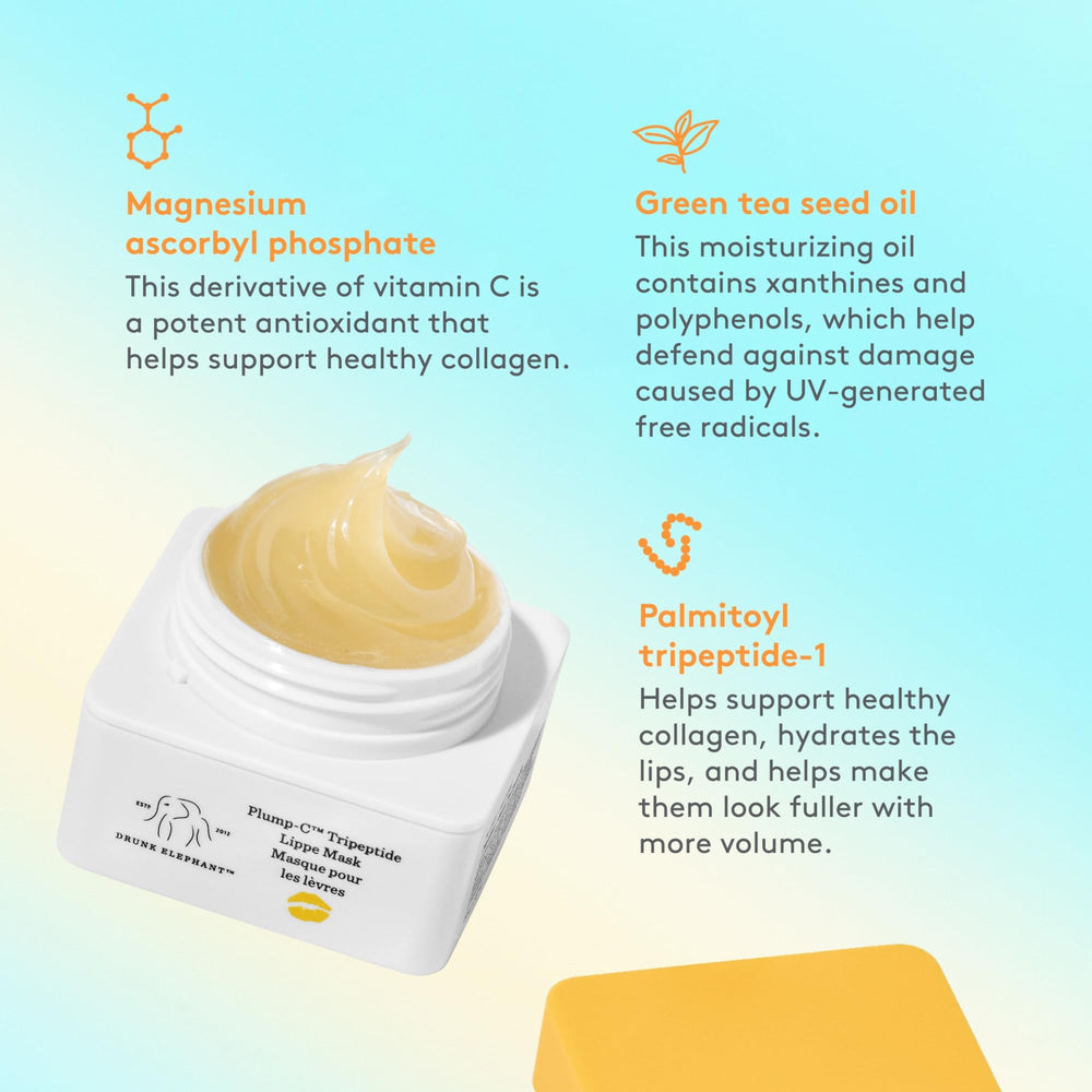 Ingredients panel of Drunk Elephant Lippe Mask features peptides and Vitamin C derivative