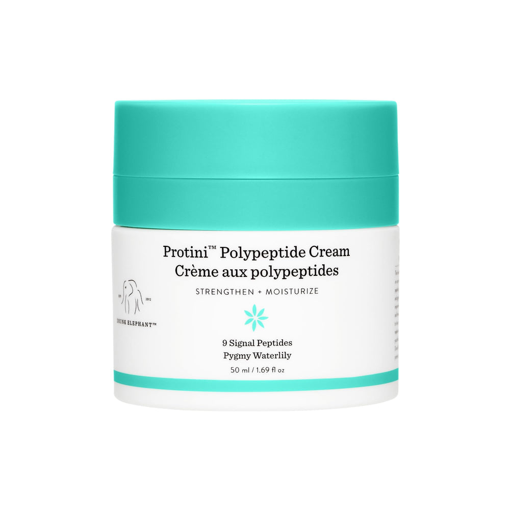 Drunk Elephant Protini Cream jar closeup shows peptide-packed moisturizer for daily hydration.