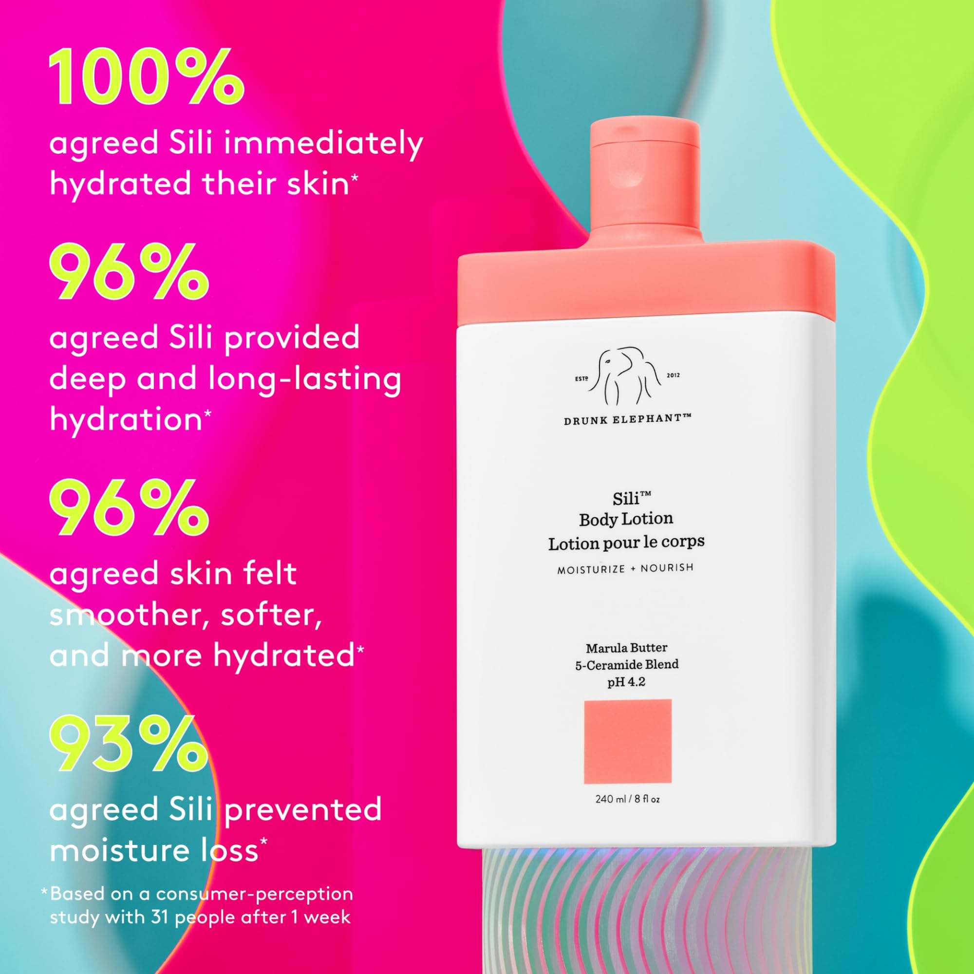 Drunk Elephant Sili Body Lotion ingredients display emphasizing barrier-supporting oils and ceramides.