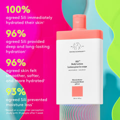 Drunk Elephant Sili Body Lotion ingredients display emphasizing barrier-supporting oils and ceramides.