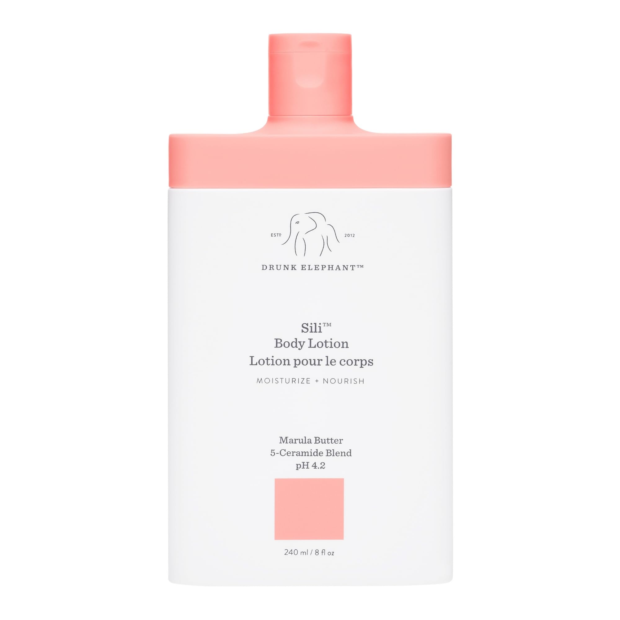 Drunk Elephant Sili Body Lotion pump bottle for easy daily hydration.