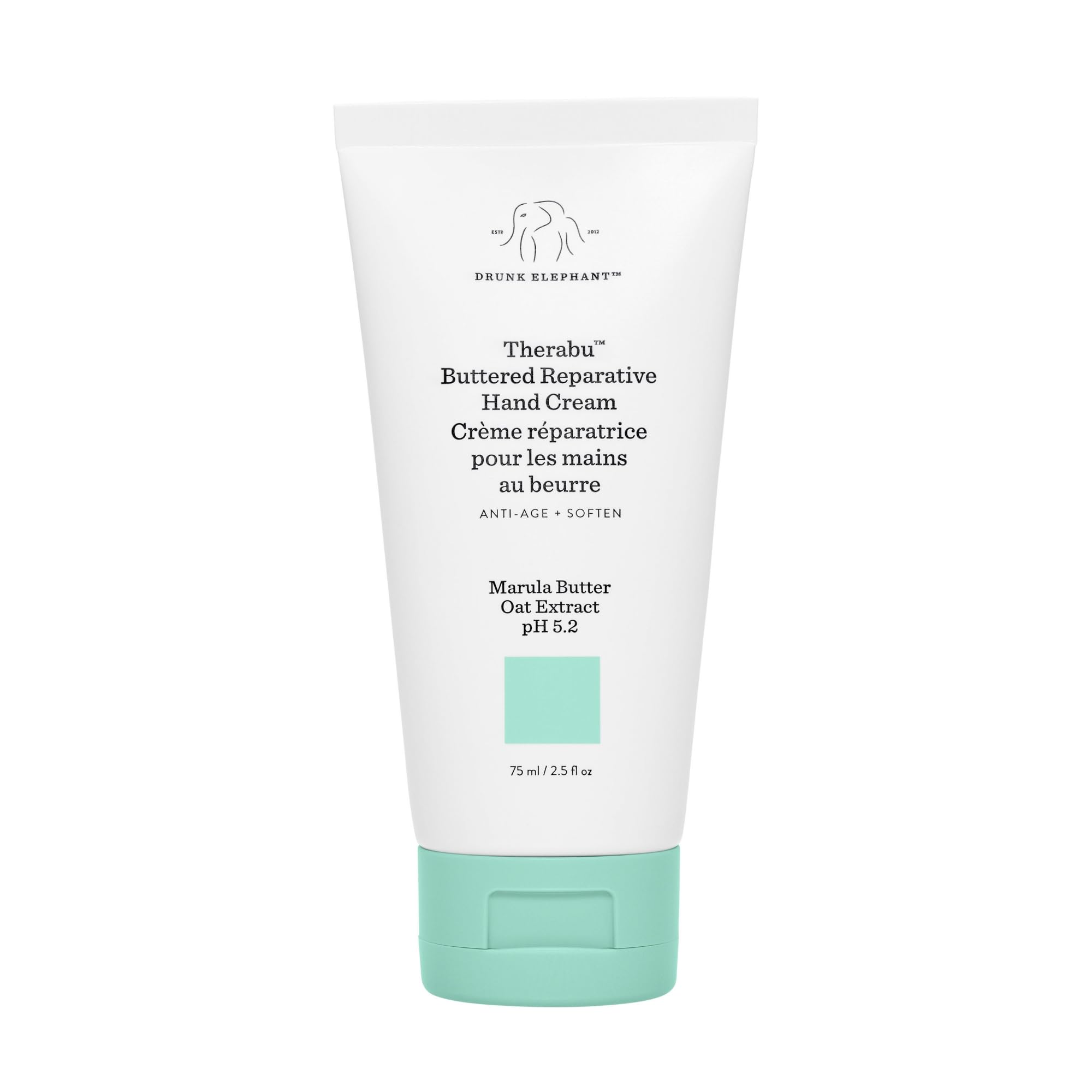 Drunk Elephant Therabu Buttered Reparative Hand Cream bottle offers rich nourishment for dry hands.