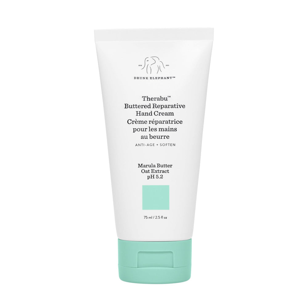 Drunk Elephant Therabu Buttered Reparative Hand Cream bottle offers rich nourishment for dry hands.