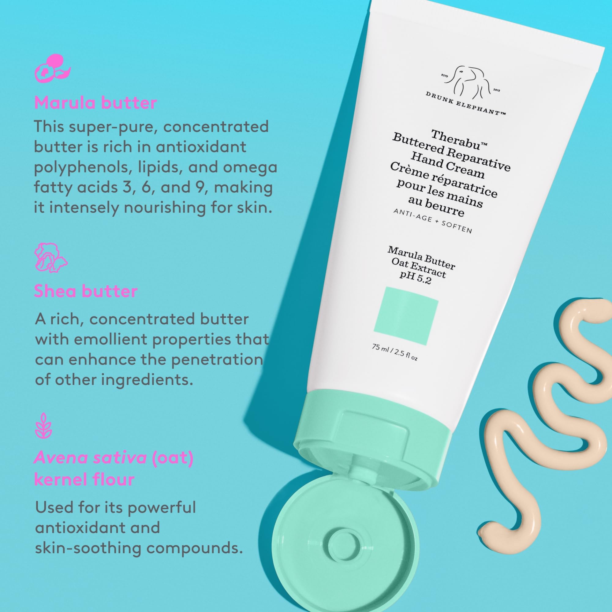 Drunk Elephant Therabu hand cream daily-use scene suggests barrier-supporting hydration.