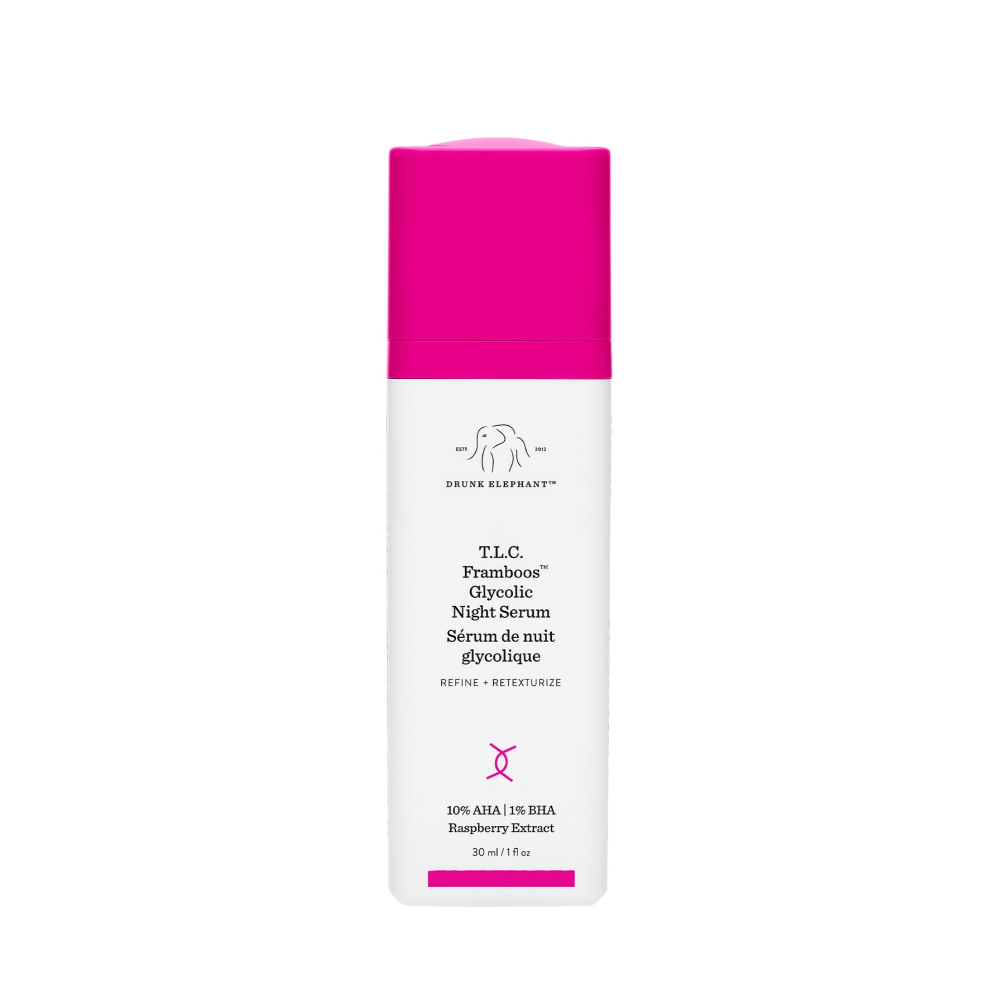Drunk Elephant T.L.C. Framboos serum bottle close-up for smoother skin texture