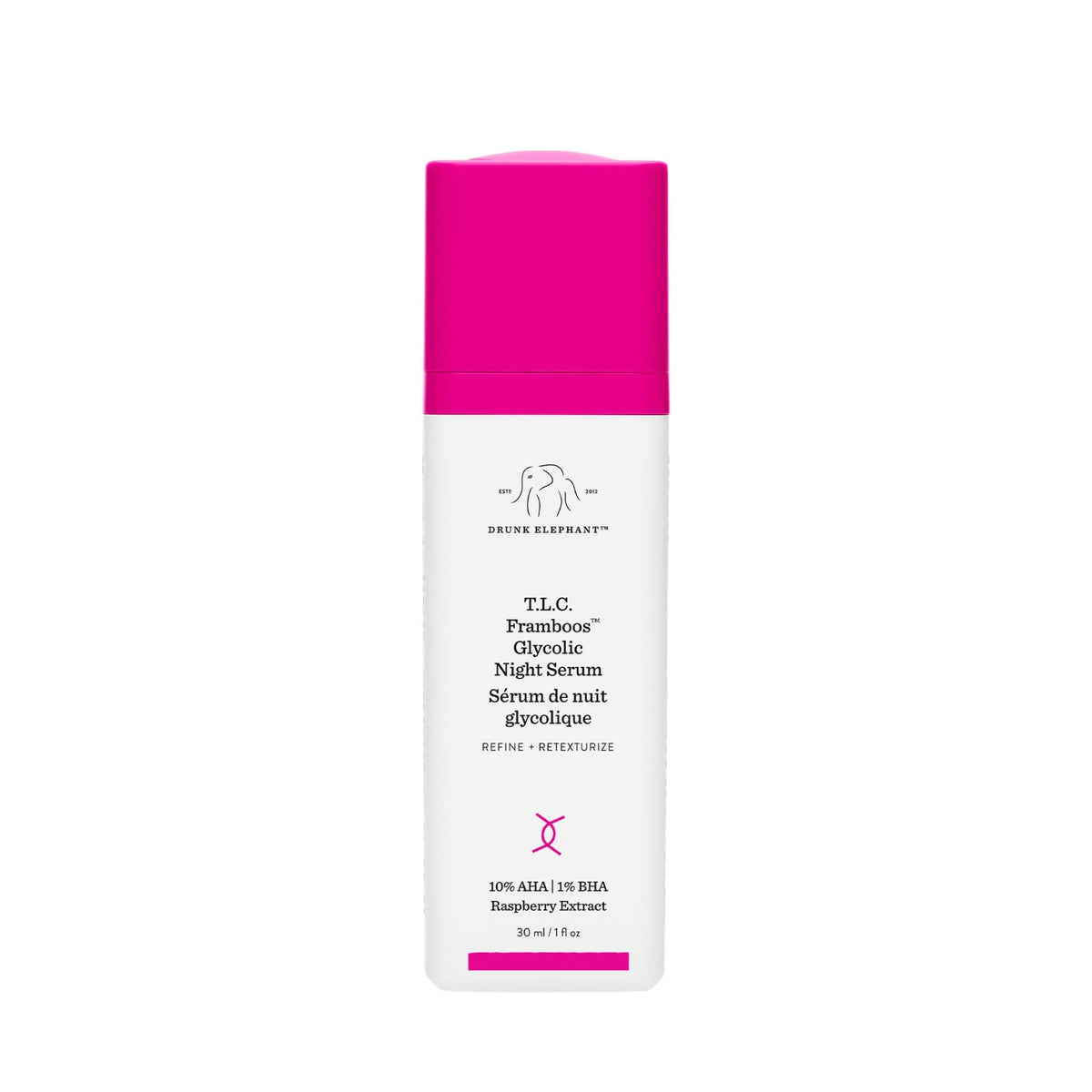 Drunk Elephant T.L.C. Framboos serum bottle close-up for smoother skin texture