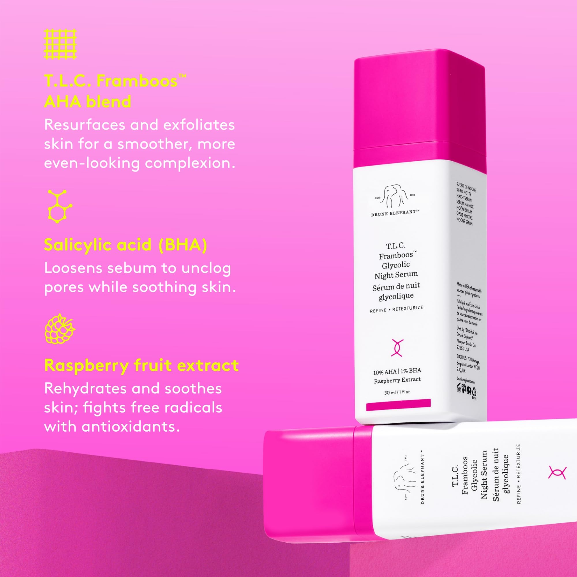 Close-up of Drunk Elephant Framboos ingredients blend emphasizing AHA/BHA exfoliation