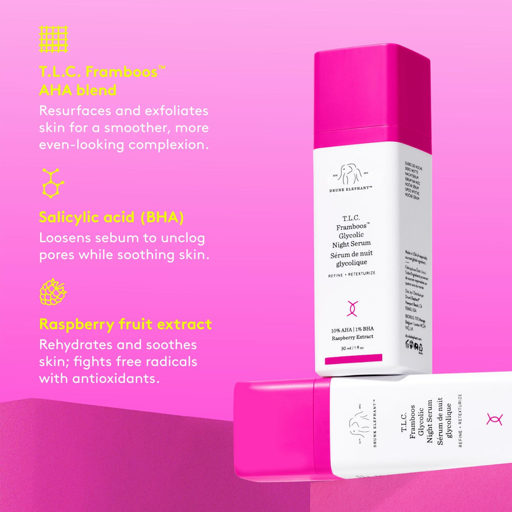 Close-up of Drunk Elephant Framboos ingredients blend emphasizing AHA/BHA exfoliation