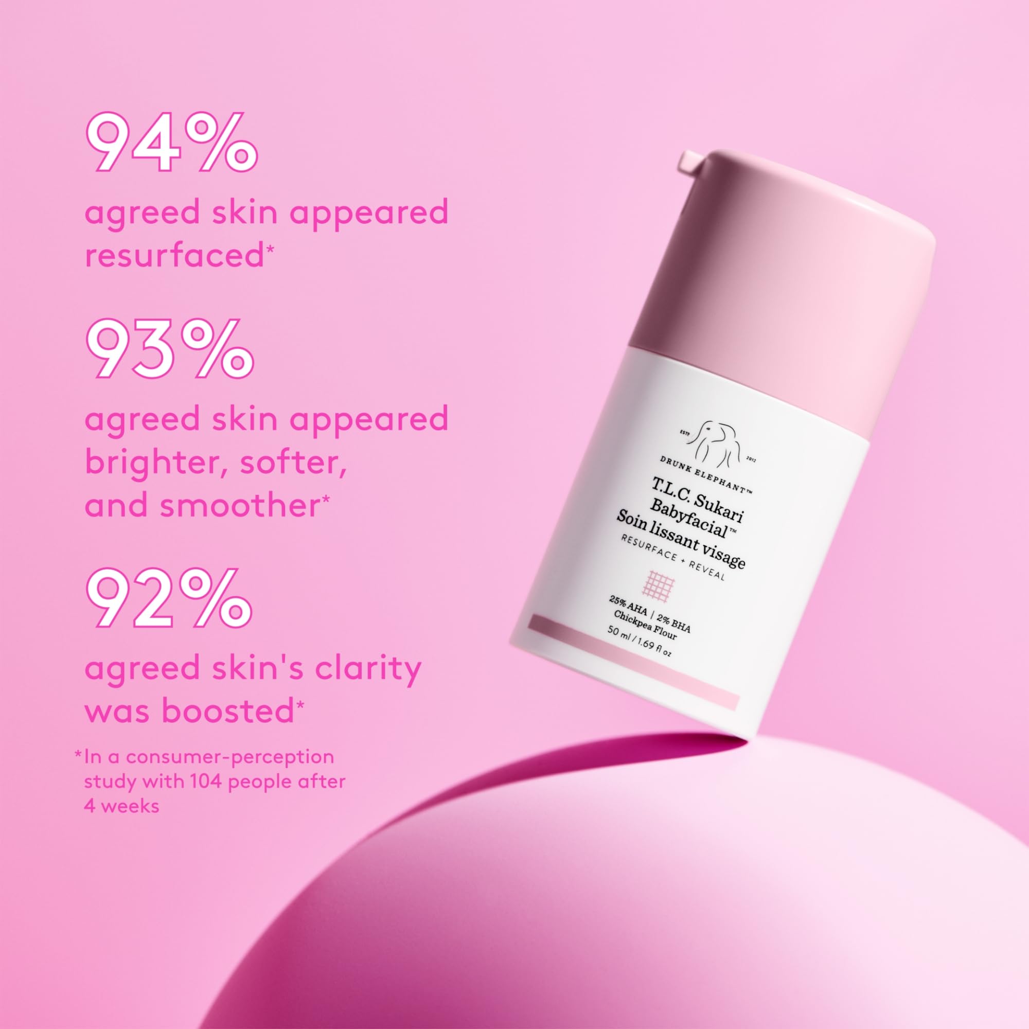 Drunk Elephant T.L.C. Sukari Babyfacial jar packaging on vanity.