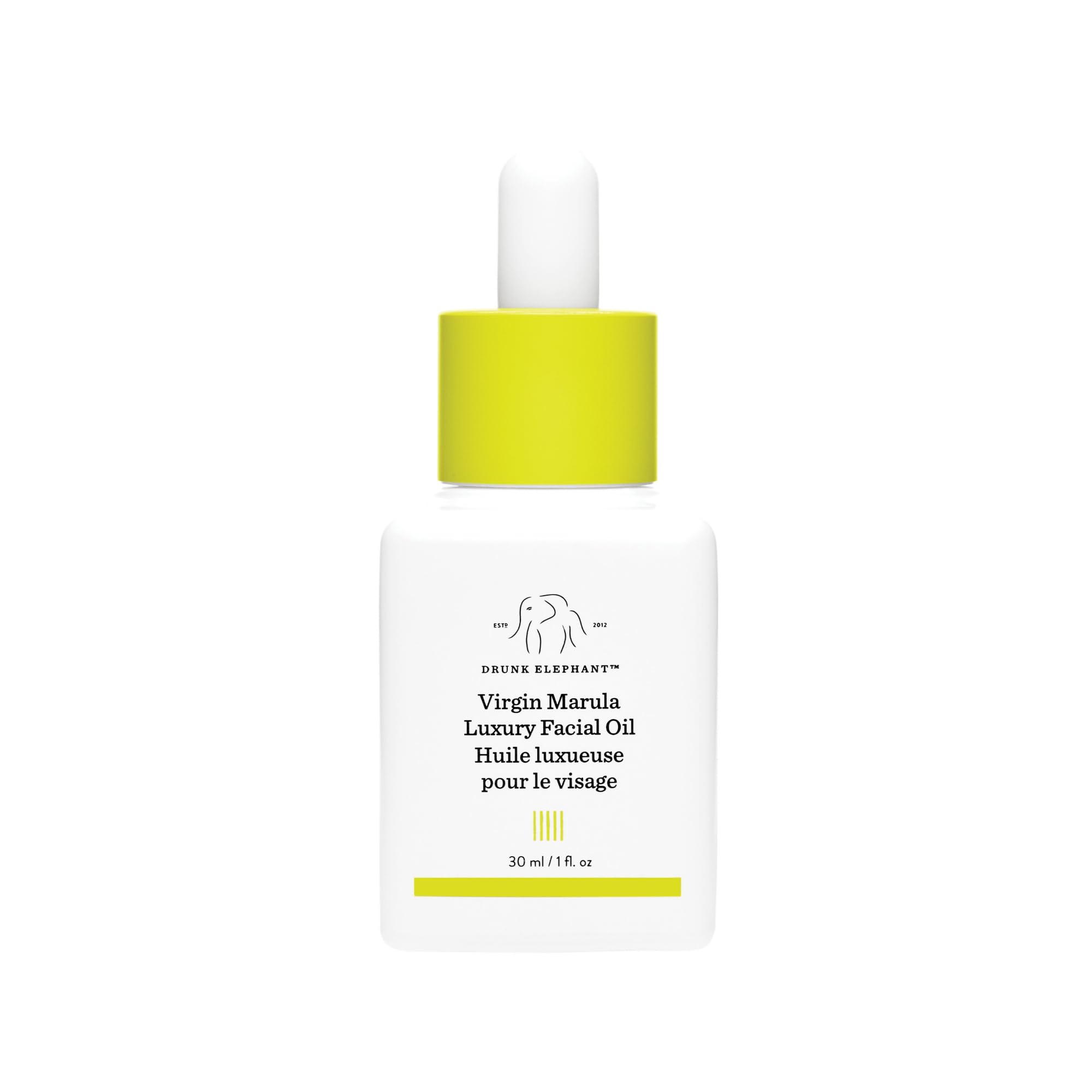 Drunk Elephant Virgin Marula Oil bottle closeup for antioxidant hydration.