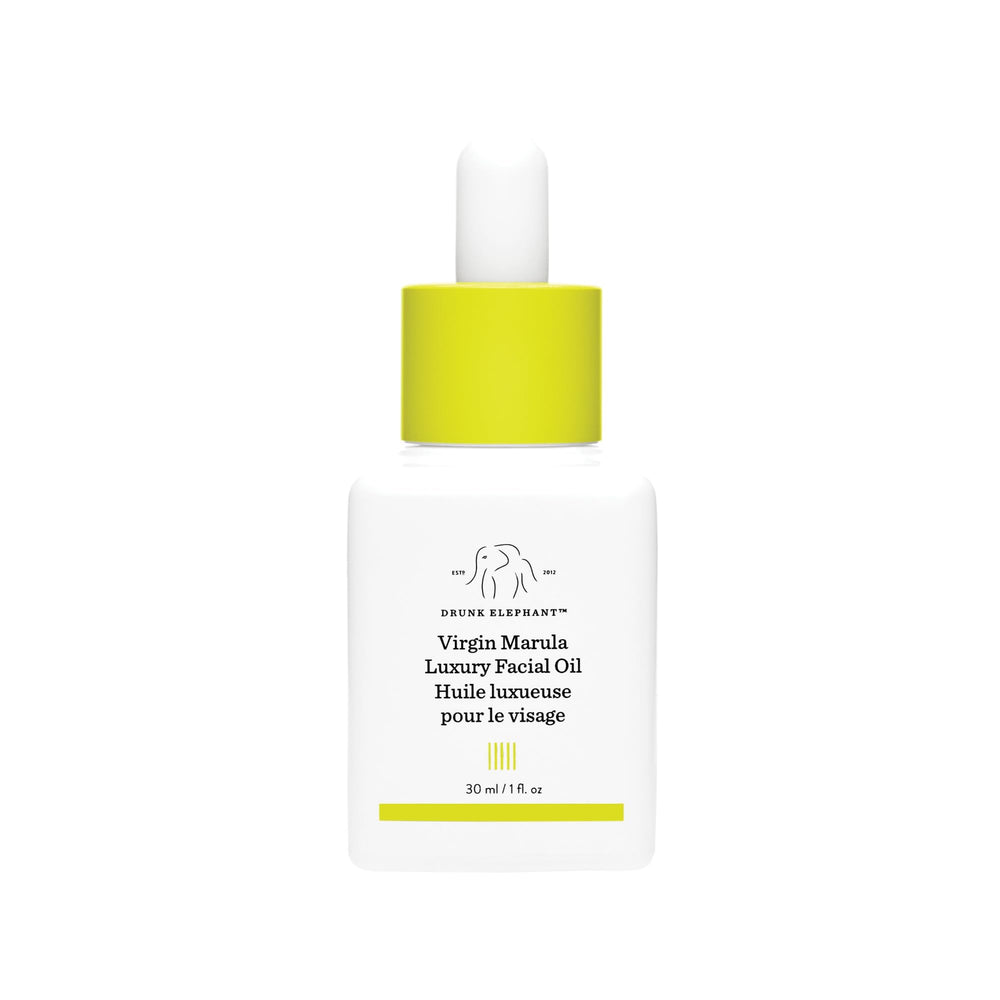 Drunk Elephant Virgin Marula Oil bottle closeup for antioxidant hydration.