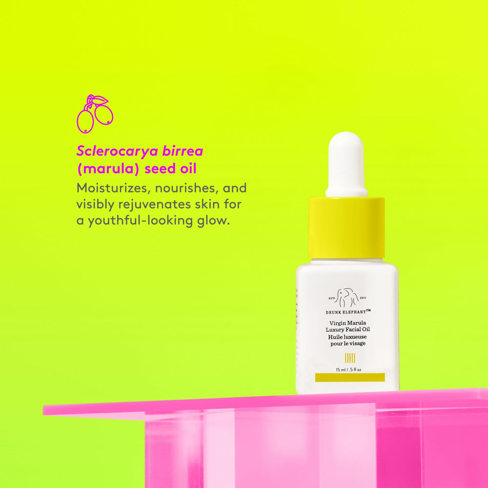Drunk Elephant Virgin Marula Oil pump dispense demonstrates fast absorption with no greasy residue.