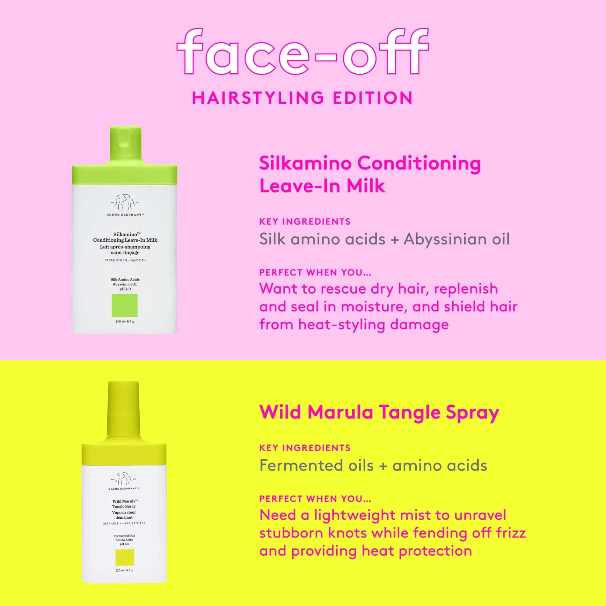 Drunk Elephant Wild Marula Tangle Spray keeps hair buildup-free, silicone-free.