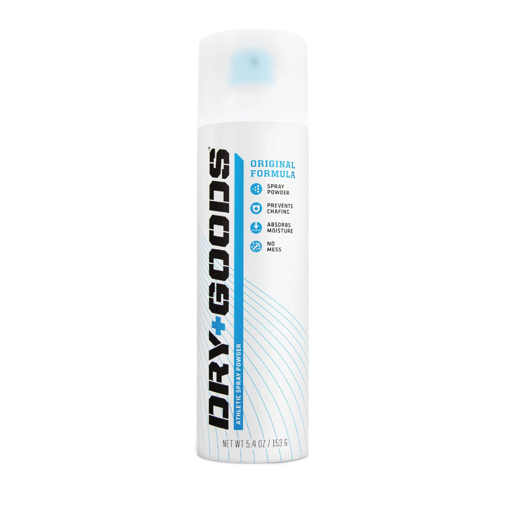 Dry Goods Original Athletic Spray Powder bottle shows moisture absorption for athletes