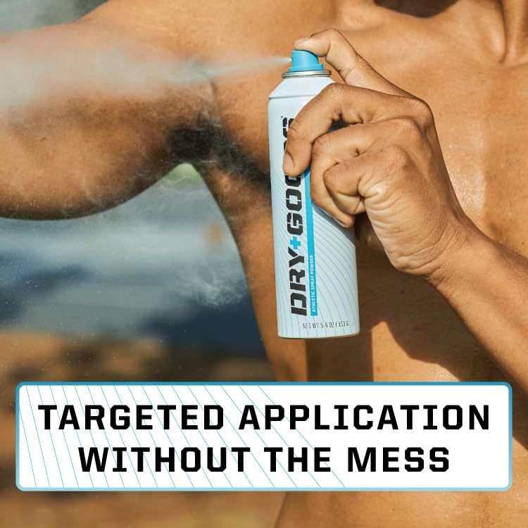 Dry Goods Original Athletic Spray Powder close-up reveals safe non-asbestos talc for skin.