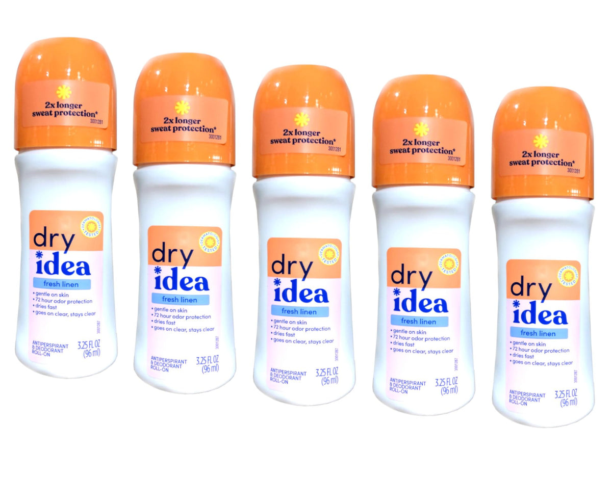 Dry Idea Fresh Linen roll-on bottle shown for all-day freshness.