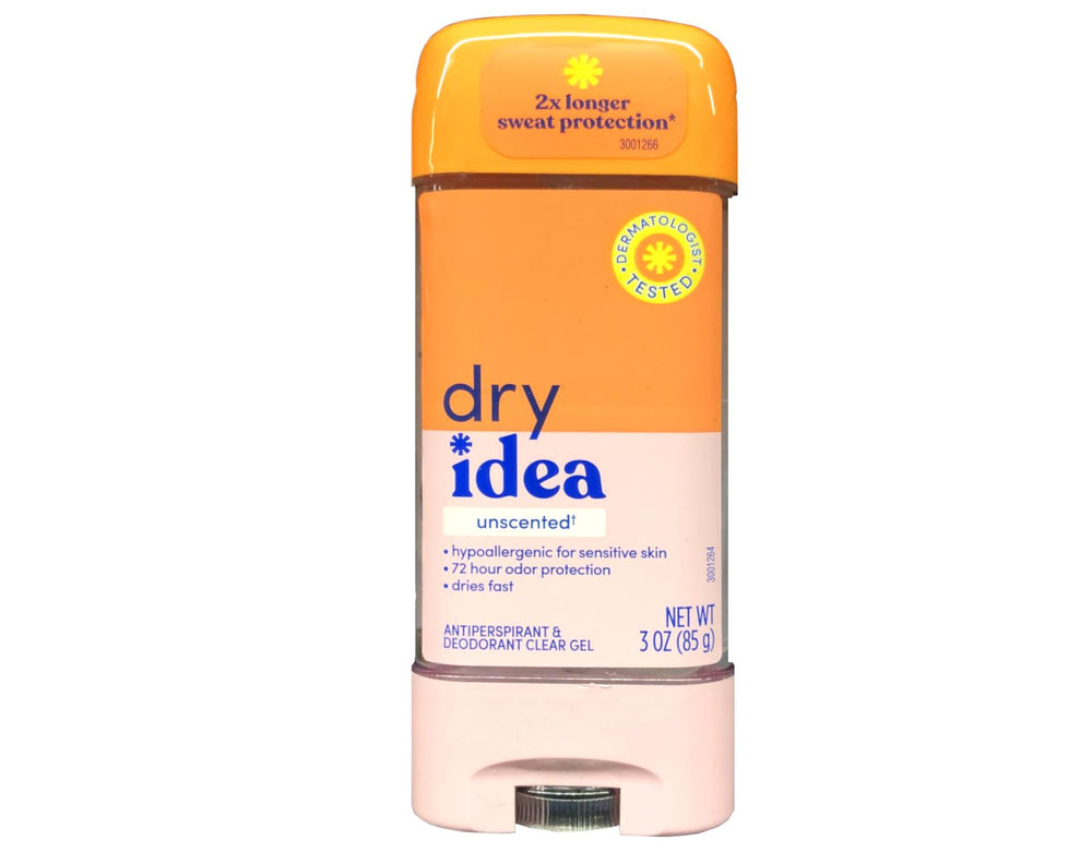 Dry Idea gel antitranspirante sin perfume transparente para uso diario.