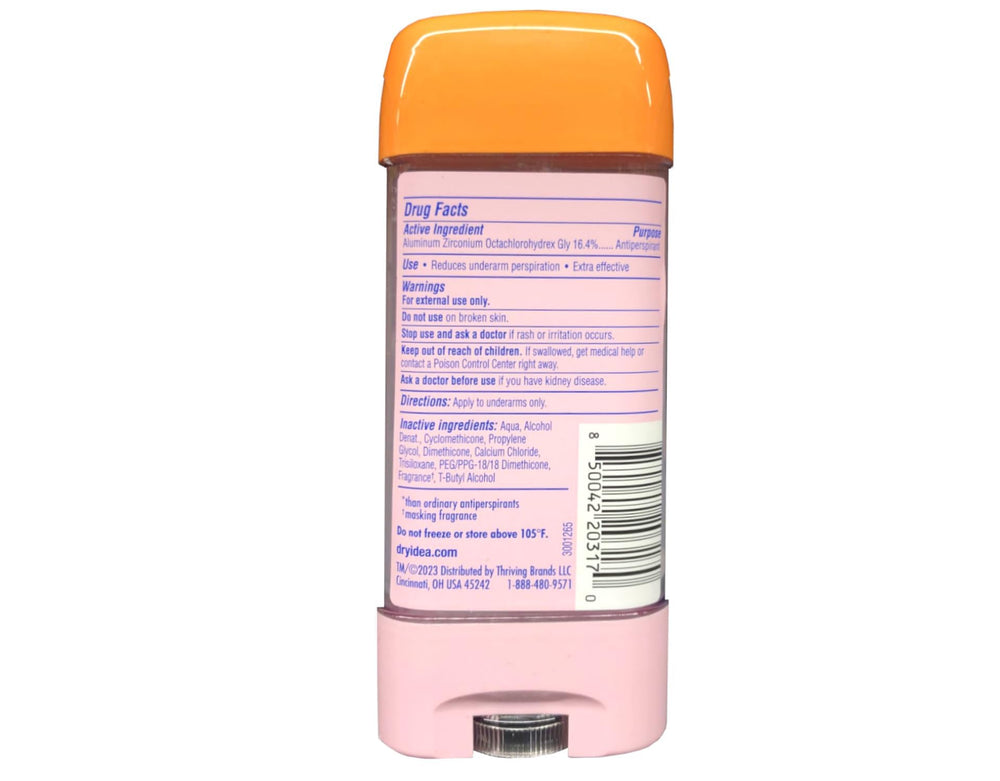 Dry Idea unscented clear gel bottle highlights powder-fresh texture without fragrance.