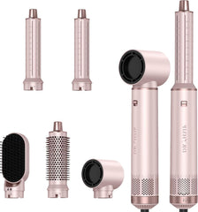 Dryhsip 5 in 1 hair styler front view, pink, ready for quick at-home drying
