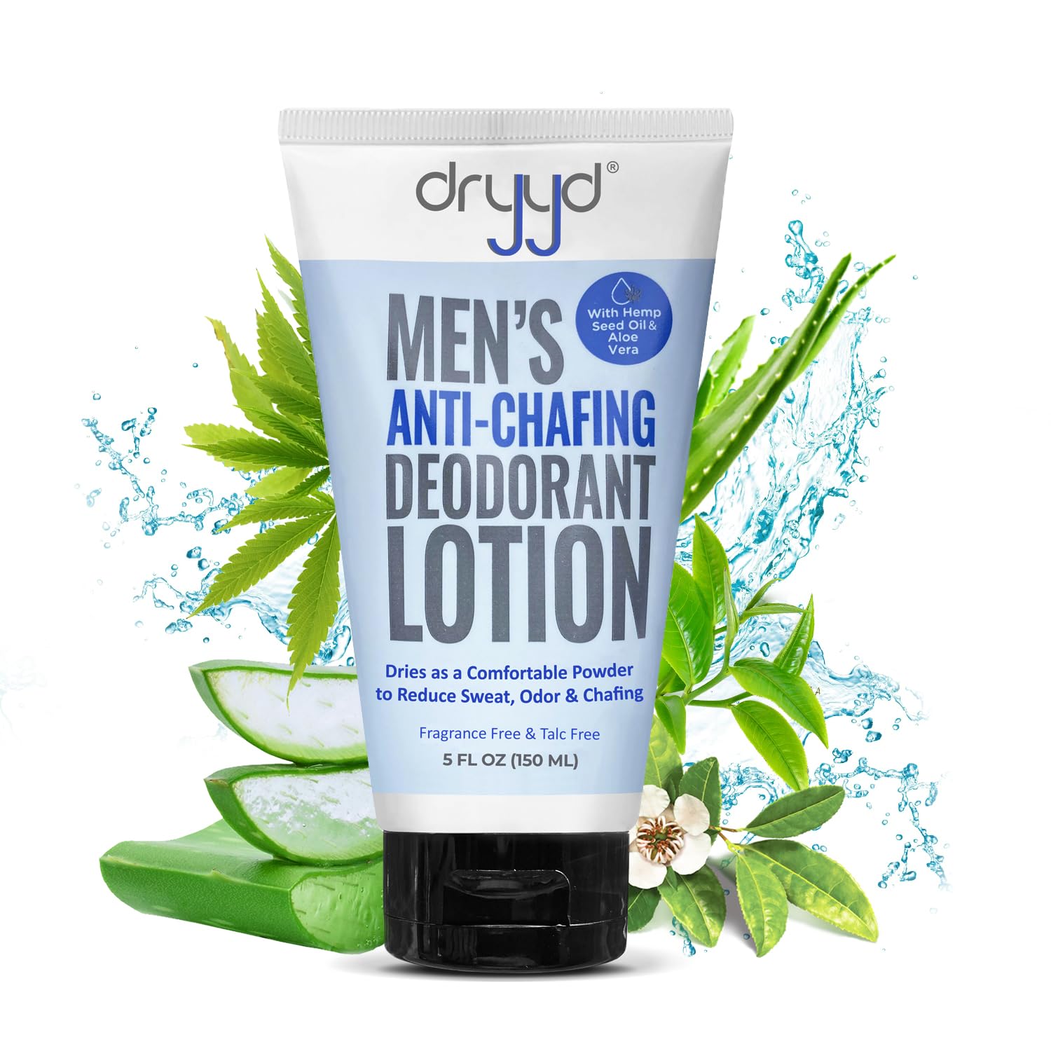 DRYYD ball deodorant tube front showcases aluminum-free, talc-free formula for day-long comfort.